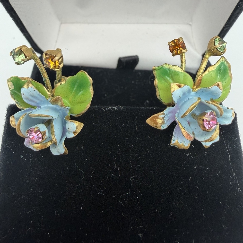 Vintage Austria Earrings Blue Green Enamel Flower Rhinestone Floral Signed